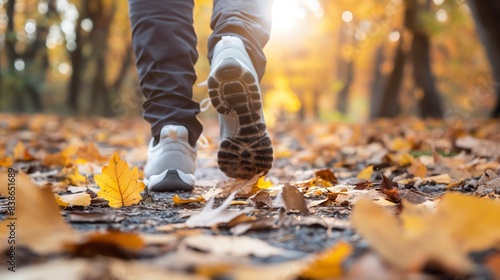 Person walking through an autumn forest with colorful fallen leaves on a sunlit path wearing casual sneakers