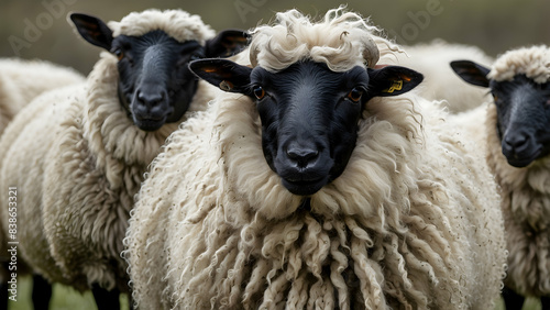 A detailed image capturing a flock of sheep with a standout black-faced individual among them