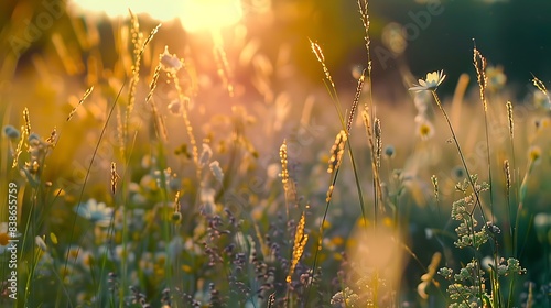 Beautiful natural panoramic countryside landscape. Blooming wild high grass in nature at sunset warm summer. Pastoral scenery. Selective focusing on foreground