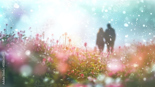 a couple in oleandel flowers meadow, spring time, happiness, freshness, and wind blows after rainfall surrounding by flowers