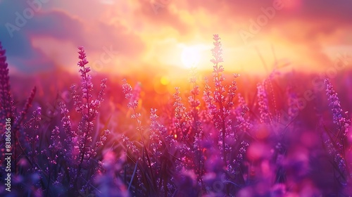 Beautiful panoramic natural landscape with a beautiful bright textured sunset over a field of purple wild grass and flowers. Selective focusing on foreground