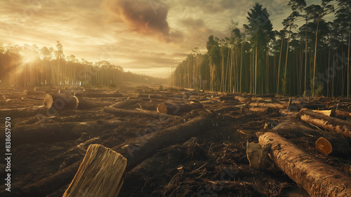 View on the stack of the trees trunks in deforested forest in the morning