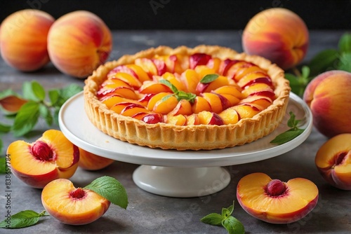 Peach Tart: a beautifully arranged peach tart with a golden pastry crust.