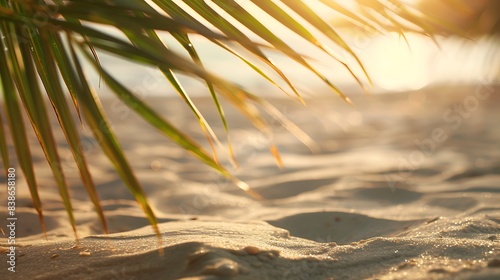 Beautiful wide panorama of a paradise beach with golden sand and palm leaves in blur. Summer banner