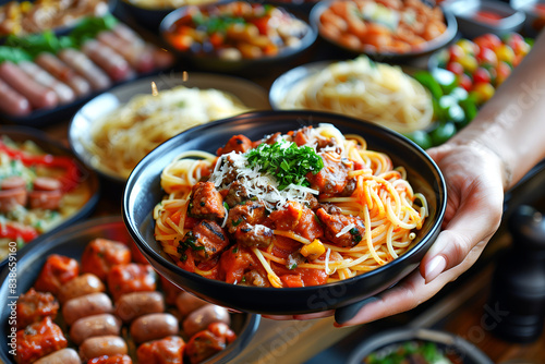 hand holding a bowl of meat pasta, surrounded by other dishes on the table. The food is beautifully arranged and colorful