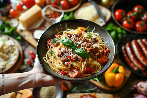 hand holding a bowl of meat pasta, surrounded by other dishes on the table. The food is beautifully arranged and colorful