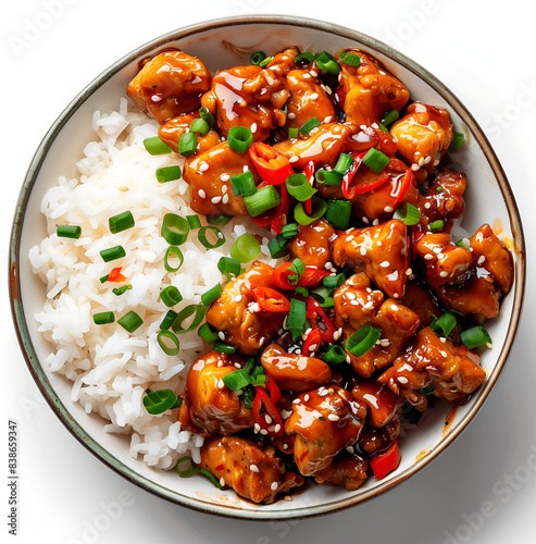 chinese food, general tso chicken with rice in bowl on white background, overhead view