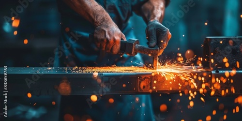 Blacksmith cutting a glowing piece of metal on an anvil generated by AI