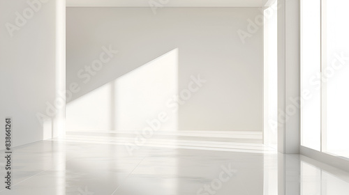 cuarto blanco minimalista iluminado por ventanales entrada de luz solar exterior habitacion vacia con mucho espacio con iluminacion galeria con concepto abstracto