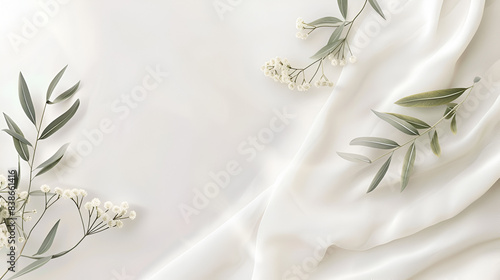 invitacion digital con elegancia y sofisticado sobrio con detalles de plantas como ornamentos con flores pequeñas en blanco tela de seda