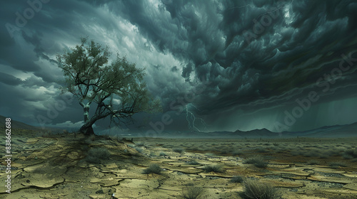 naturaleza al exterior una gran y fuerte tormenta sobre el campo desertico lluvia con fuerza cielo negro gran tormenta sobre un arbol verde
