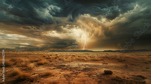 paisaje dramatico de una tormenta con rayos con las nubes oscuras sobre un paisaje desierto arido y seco