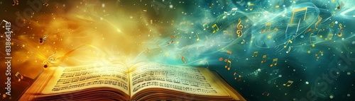 An imaginative scene with music notes flowing out of an open book, set against a dreamy, abstract background