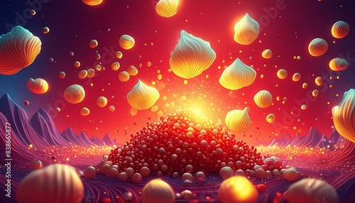 Pop corn kernels popping in air with a red background