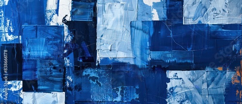 Abstract art piece with intricate textures and layered cobalt blue tones, evoking depth and mystery