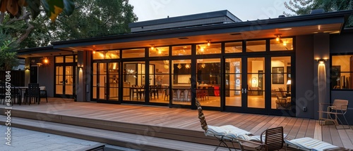 modern home exterior crafted from eco-friendly materials like reclaimed wood, recycled steel, and energy-efficient glass