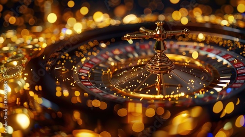 A casino wheel stands in the center, surrounded by a circle of shimmering golden coins. The wheel looks ready to spin, with anticipation in the air for the outcome of the game
