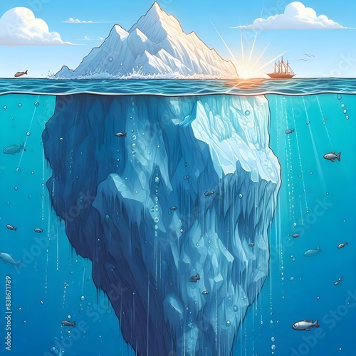 The tip of the iceberg, English idiom. A small tip of an iceberg visible above water, with a massive portion underwater.