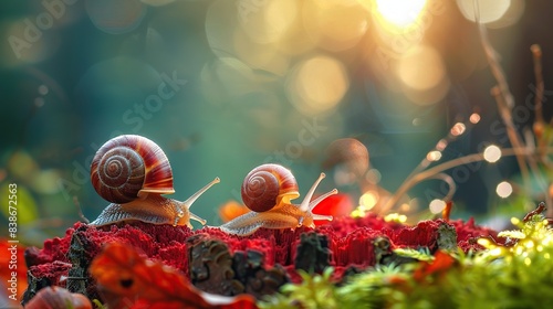 A small snail climbed a vertical twig in the forest and looks out of the way, is illuminated by the sun's rays, copy space for text