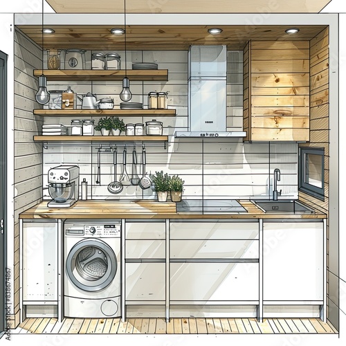 Create a mid-journey visual rendering for a linear kitchen with dimensions of 2 meters and 44 centimeters. 