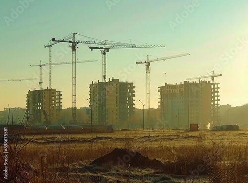 A large apartment complex under construction with cranes and workers, located in the city of Wroclaw Poland, photo taken from across an open field, clear sky 