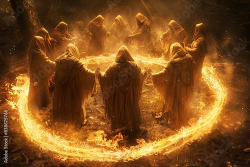 circle of hooded druids conjuring a spell 