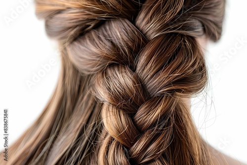 Close up view on braided ponytail hairstyle