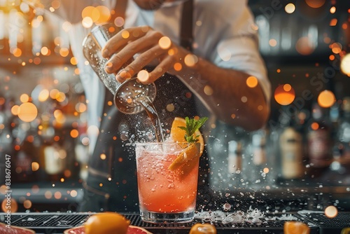 Close-up of a bartender shaking a cocktail