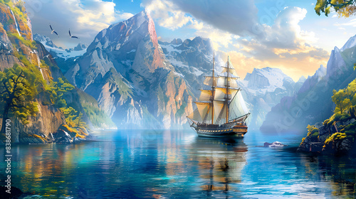 An oil painting of a sail ship gracefully gliding across a serene blue sea. the artwork showcases a mesmerizing blend of color gradients, Generative AI