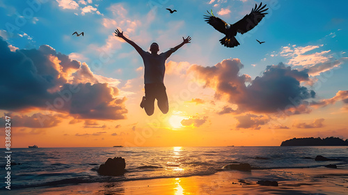 Happy man jumping at tropical beach with eagle bird flying on sunset sky abstract background. Freedom feel good and travel adventure concept. Vintage tone filter effect color style., Generative AI