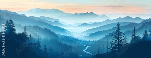 Mountain background with a winding river, focus on, landscape theme, whimsical, silhouette, valley backdrop