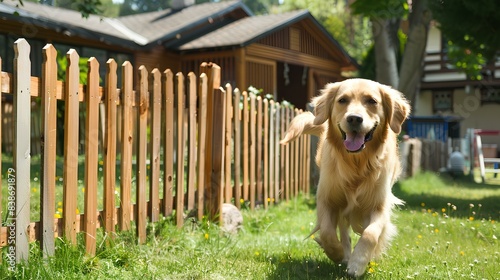 A family, along with their golden retriever, is putting up a wooden fence around their new house. The dog is playfully running around the yard.