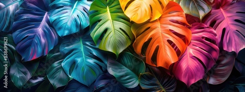 Vibrant Multicolored Tropical Monstera Leaves in a Stunning Artistic Display