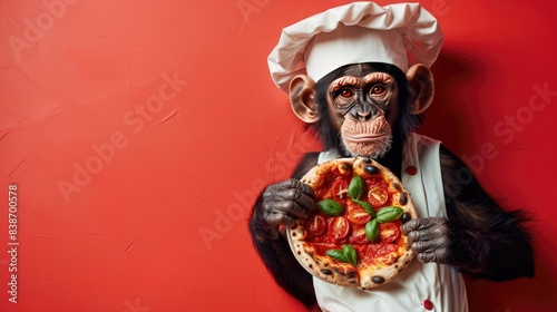 Chimpanzee Chef Holding Delicious Pizza Against Red Background