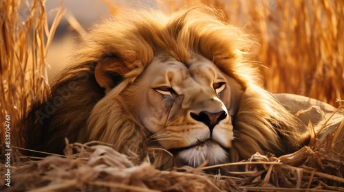 photograph of a sleeping lion, its mane blending with the golden grasses around it