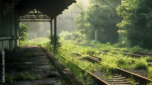 A peaceful, abandoned railway station with rusty tracks, overgrown weeds, and an old, weathered platform bathed in soft, diffused light