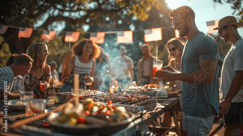 A man is grilling food and smiling while a group of people watch. The atmosphere is lively and social