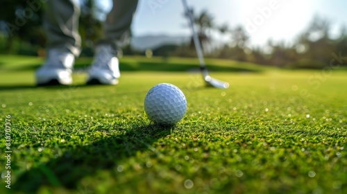 A golfer executing a chip shot from the rough, with the golf ball soaring towards the green