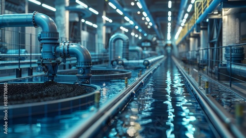 Advanced wastewater treatment plant with biochar filters, robotic arms maintaining the system, Scifi, 3D rendering, Monochromatic with blue accents