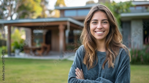 A Caucasian female real estate agent with a confident smile stands in front of a modern home with a minimalist style and a well-maintained lawn, looking professional