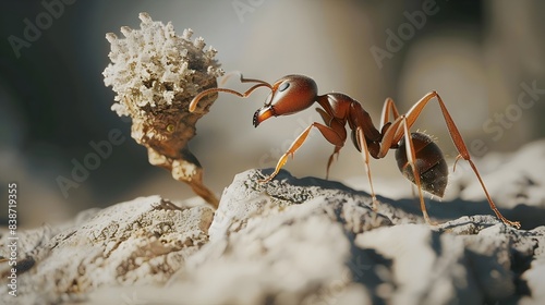 Industrious Ant Carrying Food Particle Showcasing Its Intricate Body Structure