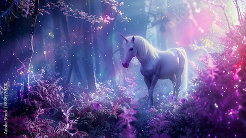 A serene unicorn grazing in a misty, enchanted forest with glowing flowers and ancient trees.