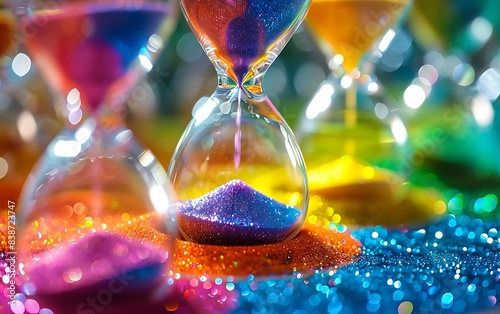 Dynamic photo of several hourglasses with brightly colored sands, highlighting the glass details and flowing sands, representing various time frames against a well-lit, neutral background