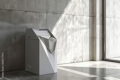 A minimalist dustbin design featuring clean lines and geometric shapes, with built-in compartments for separating recyclables and general waste.