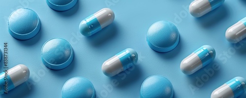 Blue-white antibiotic capsule pills and pill blister pack on blue background. Online pharmacy banner. World Health Day. Pharmaceutical industry. Prescription drugs. Antibiotic, Generative AI