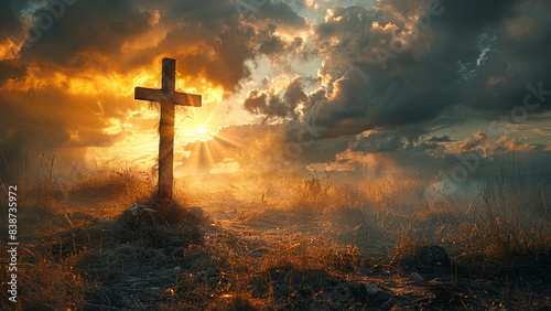cinematic, landscape photography, A cross on a hill, and in the sky you can see the kingdom of Heaven.