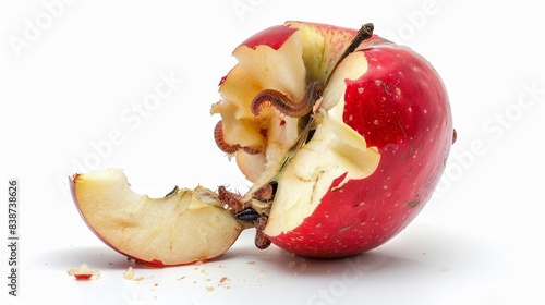 Rotten Apple with worms crawling on it against a white background