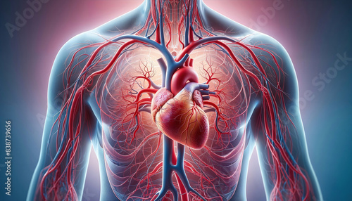 Detailed conceptual illustration of the human cardiovascular system, featuring the heart and blood vessels. Highlights the intricate network essential for circulation.