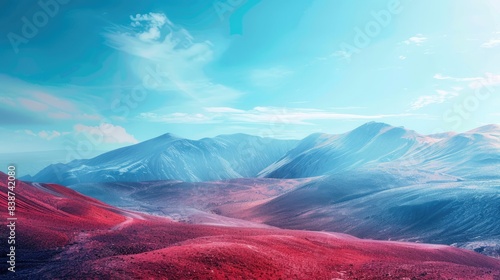 Surreal nature landscape in blue and red colors, tropics, mountains, wind 