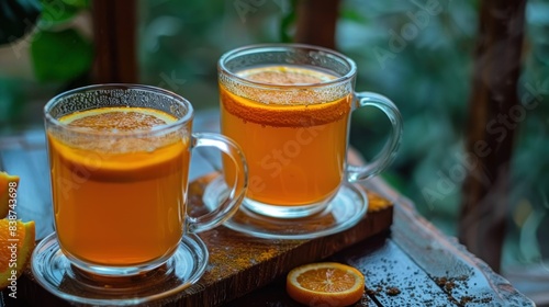 two glass warm orange, sweety Warm drink, served in a glass, the color is golden yellow, a mixture of tea and orange, orange test.